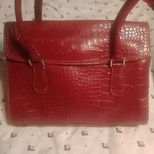 Vintage Liz Claiborne Red Burgundy Faux Alligator Hand Bag Purse 10" Wide
